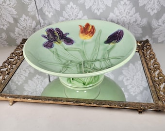 Vintage Cake Stand - Majolica Ceramic, Light Green w/ Iris & Tulips, Germany