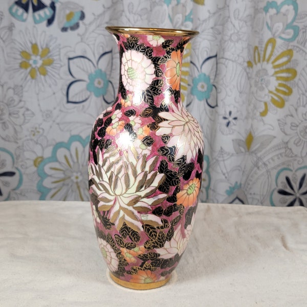 Andrea By Sadek Vase Hand Painted Pink Fuschia Black Floral Vase With Gold Detailing and Rim 10.25" Tall