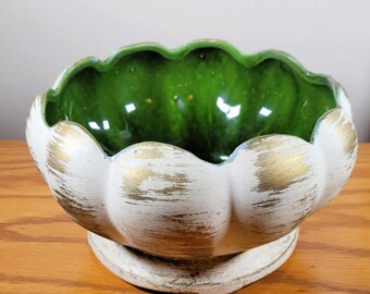 Vintage Scalloped Pottery Planter: Green Interior, White & Gold Exterior
