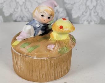 Vintage Trinket Jewelry Dish Ceramic Pixie Elf Fairy Gnome with Mushroom