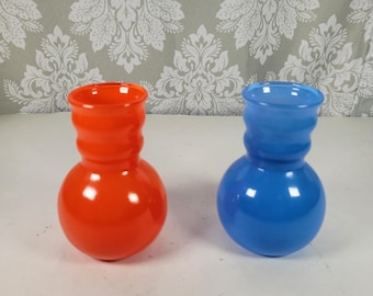 Vintage Set of Two Small Bubble Glass Vases - Orange & Periwinkle Blue 3.75" Tall