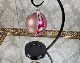 Vintage Glittery Pink Rose Teardrop Striped Christmas Ornament - Shiny Brite made in USA