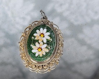 Vintage Italian Micro Mosaic Pendant Featuring White Daisies