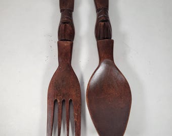 Vintage MCM Large Fork & Spoon Carved Wood Tiki Art 12.5" Wall Décor, Dark Wood