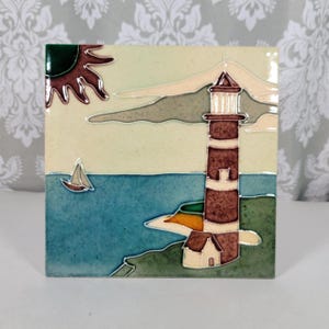 Vintage Lighthouse Art Pottery Tile: Ocean Blue-Green Trivet, K&#39;s Collection
