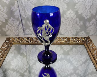 Cobalt Blue Glass Wine Glass Goblet with Pewter Metal Mermaid