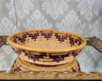 Vintage Open Coil Braided Woven Basket Southwestern Boho Steps Pattern Indigo Yellow Colors 8" Wide