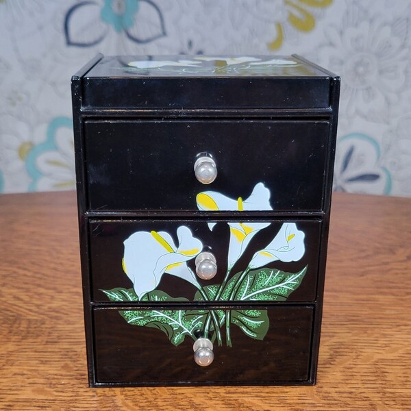 Vintage Black Lacquer Ware Style 3 Drawer Jewelry Box, Desk Organizer, with White and Green Calla Lily Pattern w/Mirror Lid, Made in Japan,