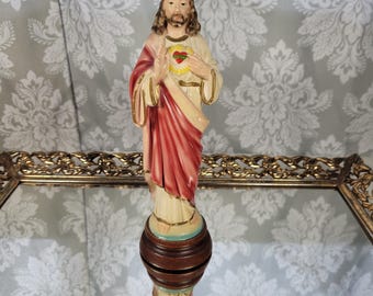 Vintage Jesus Sacred Heart Statue Resin Figurine, Gold Colored accents Italy, 7.5" tall
