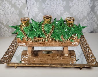 Vintage Atlantic Mold Ceramic Yule Log Christmas Candle Holder, Hobbyist Handpainted 1970s