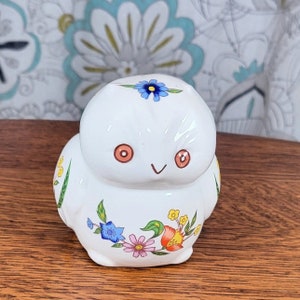 Vintage Prestige Owl Figurine: Floral Cotton Ball Holder, 1980s Kitsch Decor