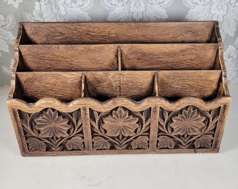Vintage Lerner Carved Faux Wood Bamboo Tiki Style Letter Holder Mail Desk Organizer Storage Caddy