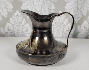 Vintage Etched Brass Pitcher: Bird & Floral Design, Made in India (4.5")