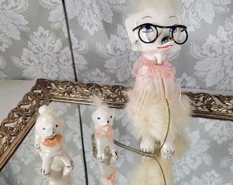 Vintage MCM Kitschy Poodle Mom & Babies Japan Porcelain Figurines