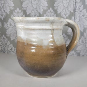 Vintage Stoneware Art Pottery Pitcher, Signed, Cream Brown, Handmade, Cottage, Farm, Classic Design