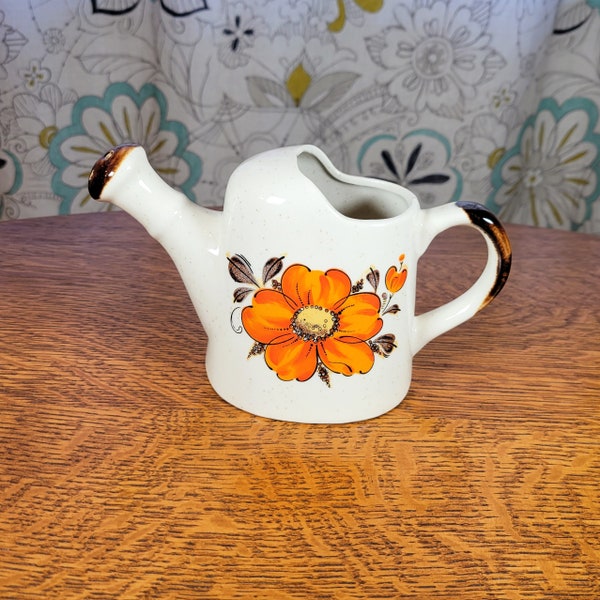 Ceramic Watering Can Pitcher W/Vibrant Groovy Orange Flower 4.25" Tall Vintage 1970s