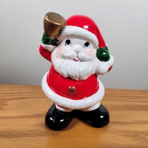 Vintage Ceramic Smiling Santa Bell Ringing, Gold Bell Figurine Retro Holiday Décor Mid Century Christmas, Collectable Santa