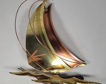 Vintage MCM Brass Copper Sailboat Mounted on Wood Nautical Coastal Figurine
