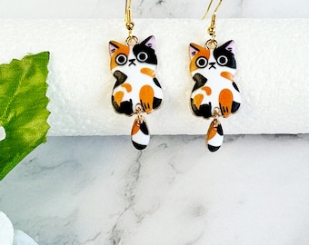 Cat Dangle Earrings - Cat Mom Gift - Stainless Steel Hooks - Colorful Cat Lover Earrings - Calico Cat - Tuxedo Cat - Tabby Cat