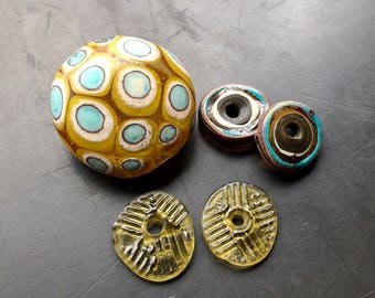 Lampwork blown glass bead set handmade by Lori Lochner Spring green and turquoise statement becklace tribal rustic jewelry design supply
