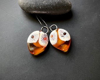Handmade lampwork earring charm pendant pair by Lori Lochner 594 citrine flower shield artisan jewelry design supply components