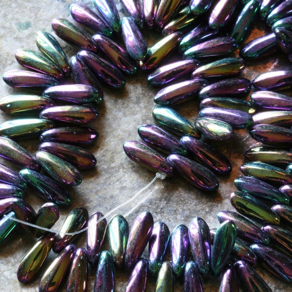 Czech glass dagger bead strand 3mm x 10mm Iris purple100 beads.