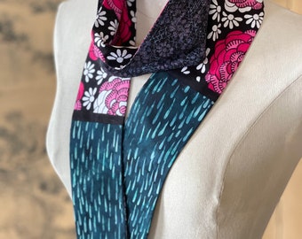 Handmade vintage Japanese textile scarf by Lori Lochner silk cotton kasuri ikat narrow scarf 3” x 68” reversible one of a kind artisan