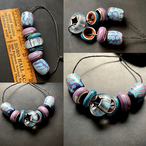 Handmade glass purple and turquoise beach batik lampwork bead set by Lori Lochner 719 jewelry design components