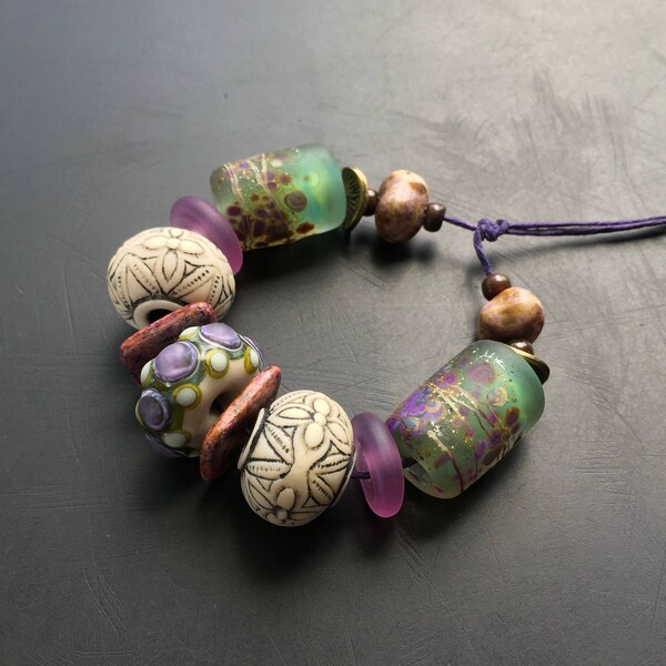 Handmade lampwork glass bead set by Lori Lochner purple teal one of a kind tribal glass beach bead set artisan jewelry making supply