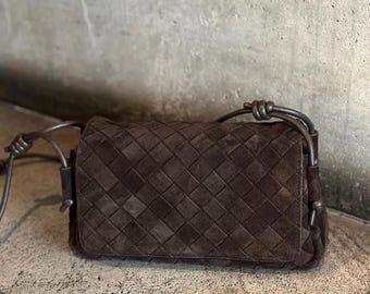 Bolso de hombro tejido pequeño, bolso tejido de piel de ante auténtica, bolso tejido de diseño