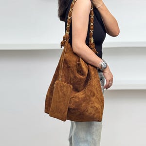 Suede Large Tote Bag,Genuine Leather Shoulder Bag,Minimal Design Suede Bag