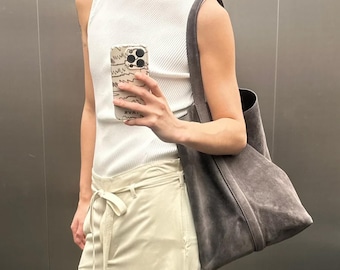 Large Suede Totes,Genuine Leather Handbag,Minimal Design Shoulder Bag