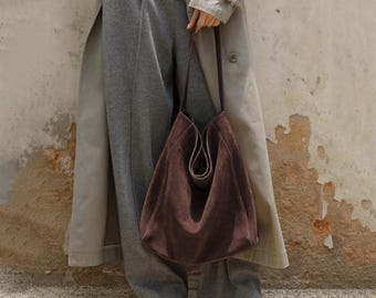 Large Suede Tote Bag,Genuine Leather Handbag,Minimal Suede Shoulder Bag