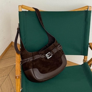 Vintage Suede Shoulder Bag, Genuine Leather Bag, Brown Shoulder Bag