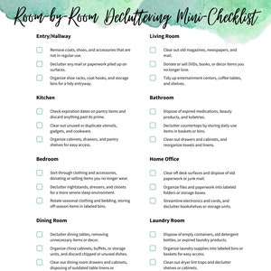 May include: A printable checklist for decluttering different rooms in a house. The checklist includes rooms such as the hallway, kitchen, bedroom, dining room, living room, bathroom, home office, laundry room, children's room, and garage/basement/attic. Each room has a list of decluttering tasks to complete.