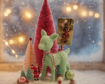 Christmas in July, Châteaucore Christmas Diorama – Pastel Deer & Retro Holiday Vignette, Handmade Christmas Assemblage, MCM