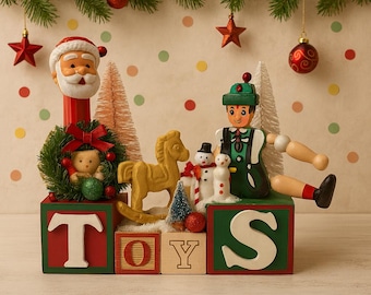 Christmas in July, Handmade Vintage Christmas Assemblage – Santa, Rocking Horse, Snowman & Elf, Holiday Shelf or Mantel Decor, Mom Gift, Pez