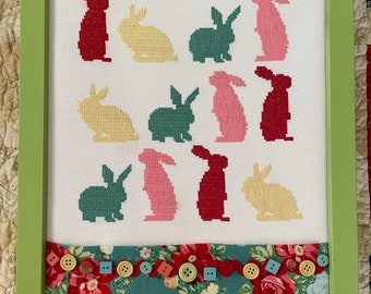 BUNNY ROWS, PDF Downloadable counted cross stitch chart, AWickedStepmother, embroidery, needlework, bunny, rabbit, cross stitch, spring