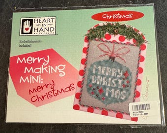Merry Making Mini:  Merry Christmas, counted cross stitch pattern, new, unused by Heart in Hand, Embellishments included