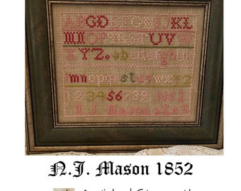 NJ MASON 1852 Reproduction Sampler, PDF Download, counted cross stich chart, needlework, wicked, stepmother, pink, red, green