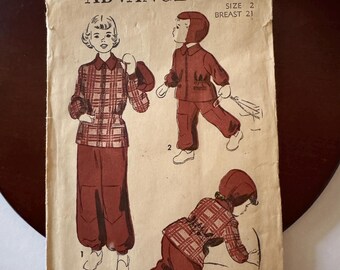 Advance 5319 Children’s Snowsuit Pattern circa 1949, Complete Unprinted Pattern, Size 2, Breast 21, Hard to Find