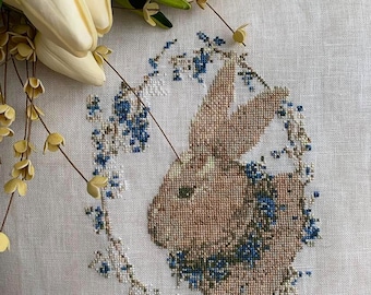 BUNNY in BLUE, PDF Download counted cross stitch chart, cross stitch, embroidery, needlework, bunny, rabbit, AWickedStepmother, blue flowers