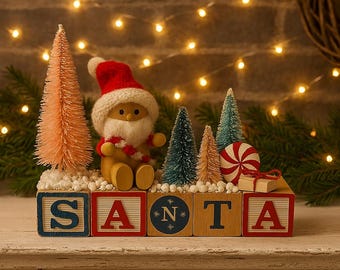 Christmas in July, Rustic Christmas Assemblage Diorama – Santa Blocks & Bottle Brush Trees Cottage Core Christmas Decor, Mom Gift
