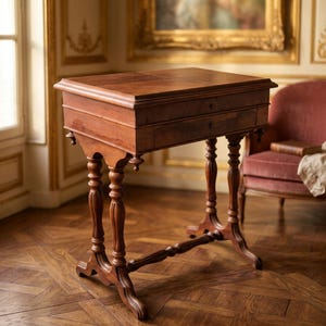 Op de afbeelding: Een vintage houten bijzettafel met twee lades, met sierlijke, gedraaide poten en een rijke, donkerbruine afwerking. De tafel staat in een kamer met een klassieke, elegante esthetiek, met een rode fauteuil op de achtergrond.