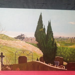 Tableau huile sur carton peint main Provence cypres montagne  Sainte Victoire cimetière signé