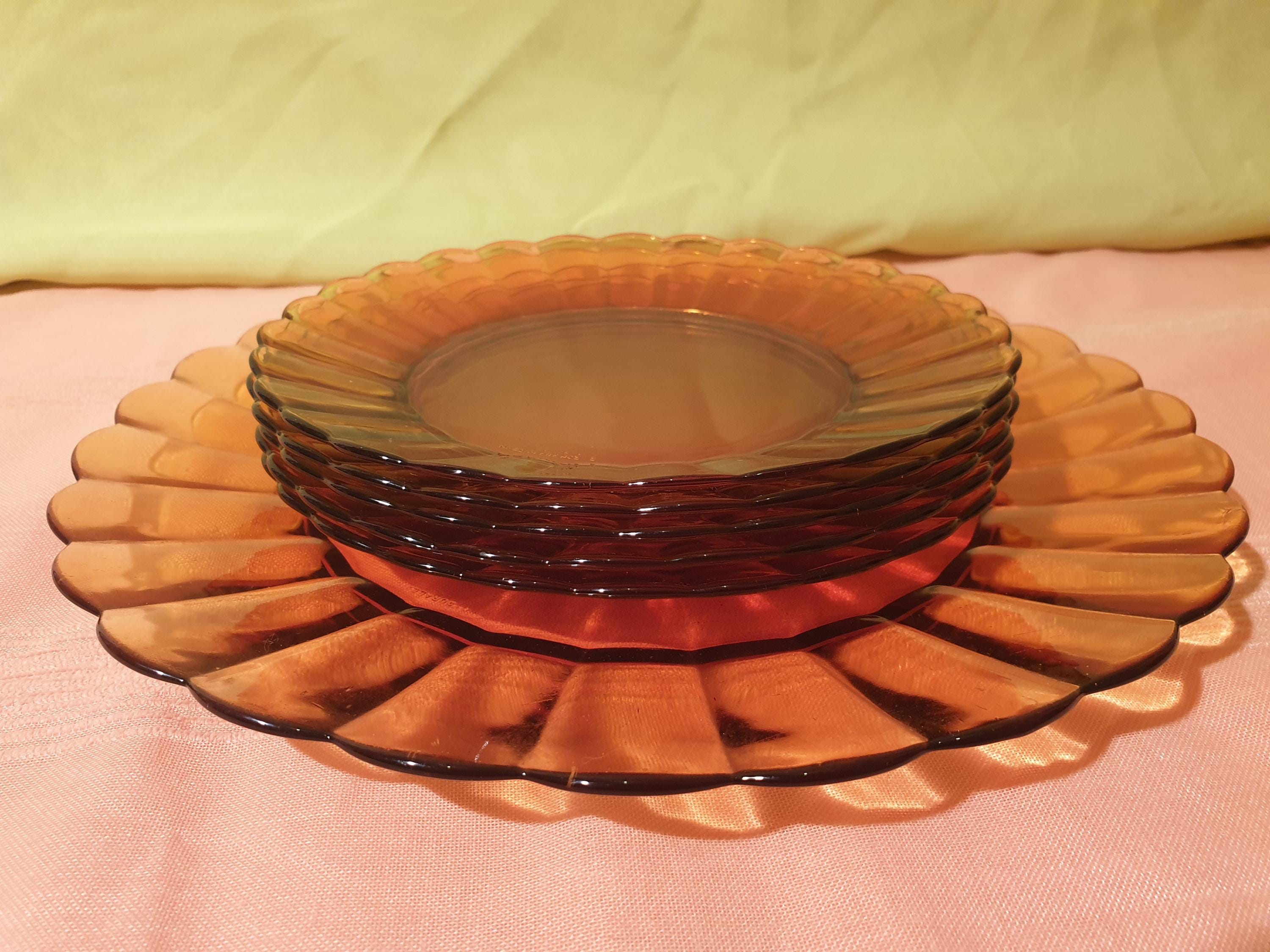 Duralex France glass cake service 5 plates 1 amber marguerite dish