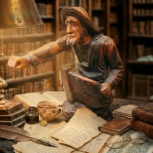 Può includere: Una scultura dettagliata di un uomo anziano in una veste, con un libro, con una lampada e libri sullo sfondo. Una tazza di tè, una penna e occhiali sono sulla scrivania. La statua è marrone e la lampada è dorata.