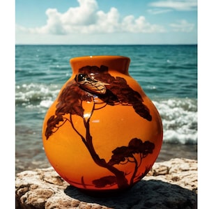 May include: An orange glass vase with a dark brown tree design. The vase has a wide base and a narrow neck. The background shows the ocean and a blue sky with clouds. The vase is sitting on a rock.