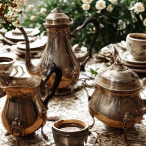 Peut inclure: Un service à thé en argent ancien comprenant une théière, une crémière et un sucrier, ainsi que plusieurs tasses de café sur des soucoupes. L'ensemble est disposé sur une nappe à motifs, avec des fleurs en arrière-plan.