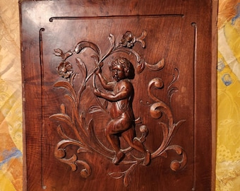 Alte geschnitzte Holzplatte Wanddekoration Burg Erholung Engel Putti Cherub im Relief